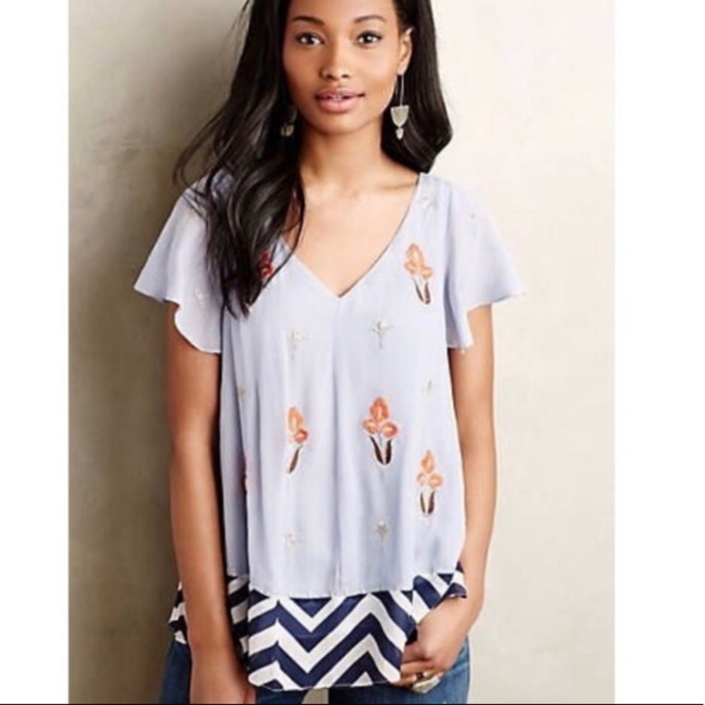 Anthropologie Floreat Light Blue Floral Blouse